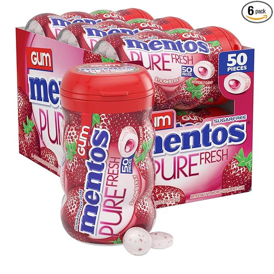 Mentos Pure Fresh Sugar-Free Chewing Gum with Xylitol, Strawberry, 50 Piece Bottle (Bulk Pack of 6)