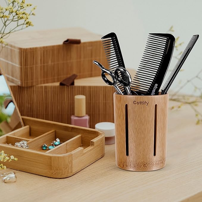 Cottify Bamboo Toothbrush Holder with Drainage, Quick Drying Bathroom Cup Holder, Toothpaste Holder, Wood Toothbrush Drainer, Stripes Glossy