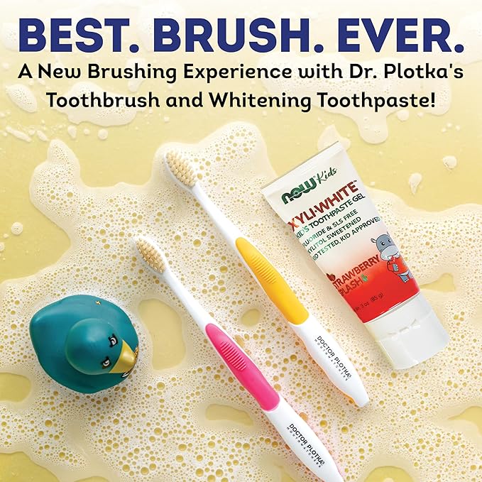 MOUTHWATCHERS Soft Kids Toothbrush, 2 Manual Flossing Toothbrushes and 2 Strawberry, Organic, SLS Free, Fluoride Free Toothpastes, 3 oz, Gift Set, by Dr. Plotka's