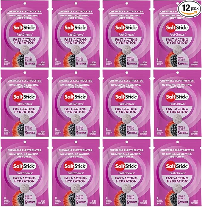 SaltStick Electrolyte FastChews - 120 Count Mixed Berry Flavor - Electrolyte Tablets for Hydration, Salt Tabs - 10 Count (Pack of 12)