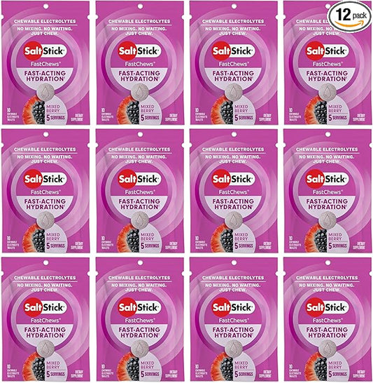 SaltStick Electrolyte FastChews - 120 Count Mixed Berry Flavor - Electrolyte Tablets for Hydration, Salt Tabs - 10 Count (Pack of 12)