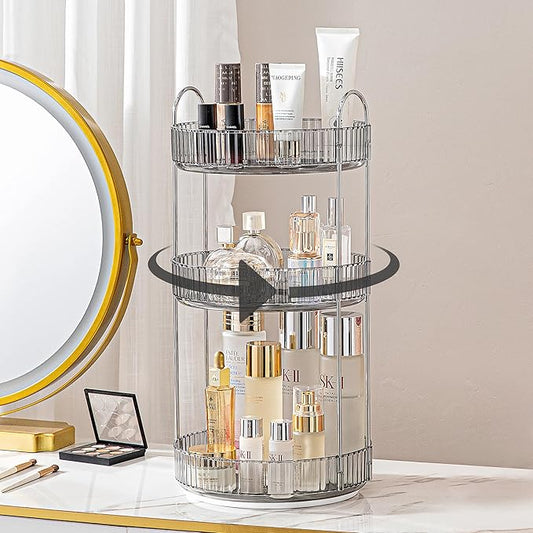 360 Rotating Makeup Organizer for Vanity, Bathroom Countertop Spinning Perfume Organizer, High-Capacity Cosmetic and Skincare Dresser Make Up Holder Rack (3 Tiers, Grey)