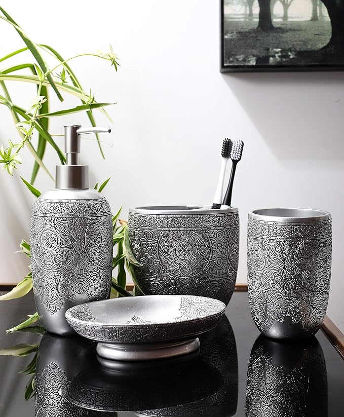 Hymmah Bathroom Accessories Set,Toothbrush Holder,Farmhouse Bathroom Decor,4 Pcs Resin Gift Set Apartment Necessities, Contain Toothbrush Cup,Soap Dispenser,Soap Dish,Tumbler