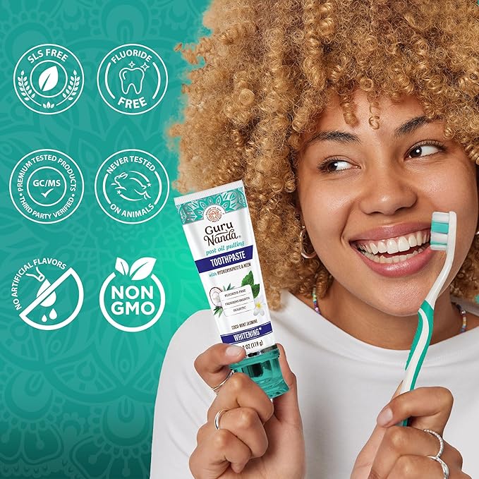 GuruNanda Hydroxyapatite Toothpaste, SLS & Fluoride Free, Whitening Toothpaste - Freshens Breath, Fights Plaque - Natural CocoMint Jasmine Neem, 4.2oz (Pack of 2)
