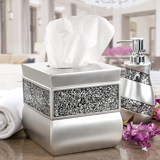 Crackled Glass Silver Tissue Box Cover Square - Decorative Tissue Box Holder - Tissue Holder Vessel for Bathroom with Durable Bottom Slider, Elegant Home or Bathroom Decor