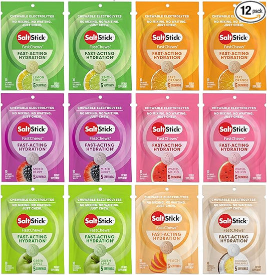 SaltStick Electrolyte FastChews - 120 Count Variety Pack - Chewable Electrolyte Tablets for Hydration, Salt Tabs - 10 Count (Pack of 12)