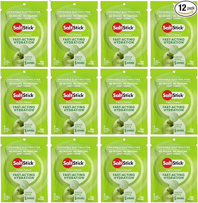 SaltStick Electrolyte FastChews - 120 Count Green Apple Flavor - Electrolyte Tablets for Hydration, Salt Tabs - 10 Count (Pack of 12)