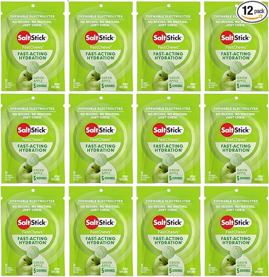 SaltStick Electrolyte FastChews - 120 Count Green Apple Flavor - Electrolyte Tablets for Hydration, Salt Tabs - 10 Count (Pack of 12)