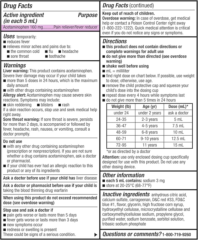 Amazon Basic Care Children's Pain and Fever, Acetaminophen 160 mg per 5 mL Oral Suspension, Grape Flavor, 8 fl oz