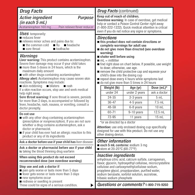 Amazon Basic Care Children's Pain Reliever & Fever Reducer, Acetaminophen 160 mg per 5 mL Oral Suspension Liquid, Dye-Free Cherry Flavor, 4 fl oz (Pack of 1)