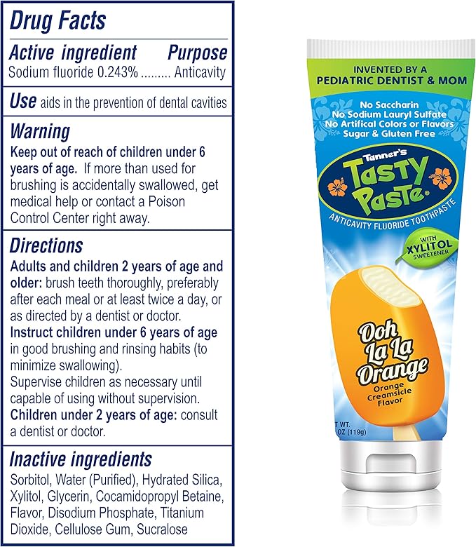 Tanner's Tasty Paste Ooh La La Orange - Anticavity Fluoride Children’s Toothpaste/Great Tasting, Safe, and Effective Vanilla Flavored Toothpaste for Kids (4.2 oz.)
