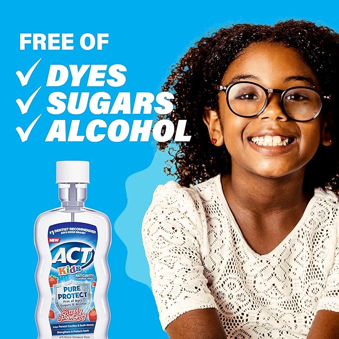 ACT Kids Anticavity Fluoride Mouthwash, Sugar & Alcohol Free Mouth Rinse Strengthens Teeth, Simply Strawberry, 16.9 fl. oz.(Pack of 3)