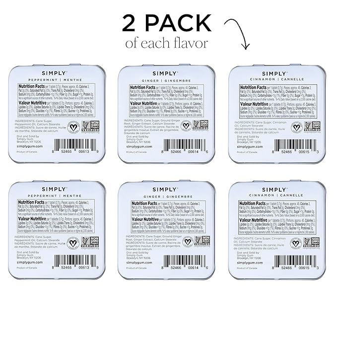SIMPLY Mints | Variety Pack - Peppermint, Ginger, Cinnamon | Pack of Six (180 Pieces Total) | Breath Freshening + Aspartame-Free + Vegan + non-GMO