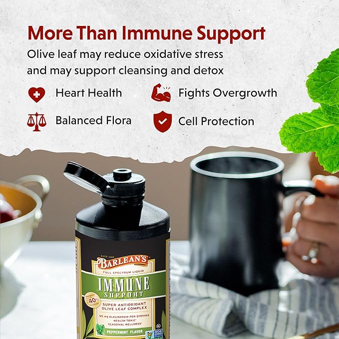 Barlean's Peppermint Olive Leaf Complex Liquid Immune Support Supplement, 95mg Oleuropein Antioxidants, 16 oz
