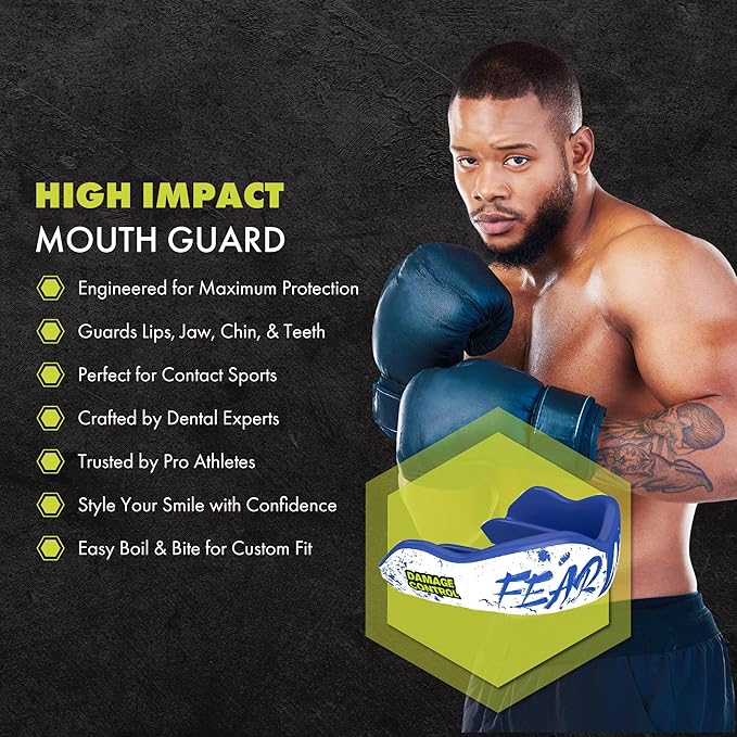 DAMAGE CONTROL High-Impact Mouth Guard – Sports Mouthguard for Boxing, Football, Hockey, Lacrosse & Basketball, Protects Teeth & Jaw, Protective Mouthpiece for Adults & Youth (Adult, Fear None)
