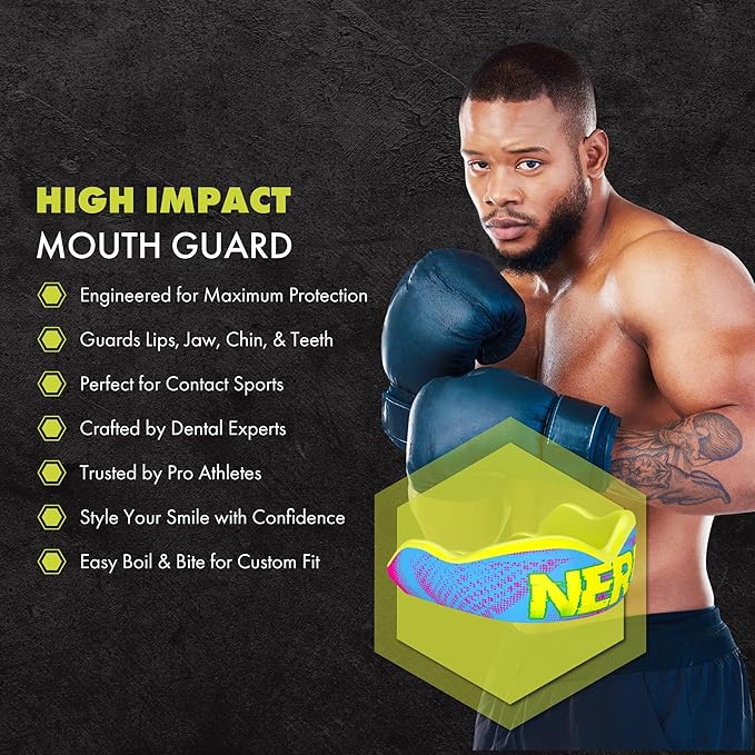 DAMAGE CONTROL High-Impact Mouth Guard – Sports Mouthguard for Boxing, Football, Hockey, Lacrosse & Basketball, Protects Teeth & Jaw, Protective Mouthpiece for Adults & Youth (Adult, Nerd)
