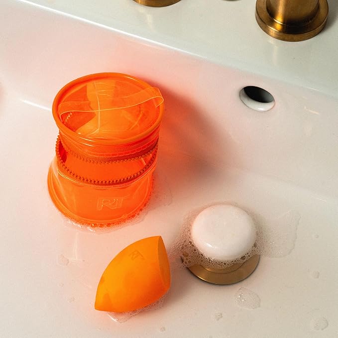 Real Techniques Miracle Blend + Cleanse 3 Piece Set, Makeup Sponge For Blending Foundation & Solid Soap For Deep Cleaning Sponges, Includes Travel Storage Tote, Cruelty-Free, & Latex-Free