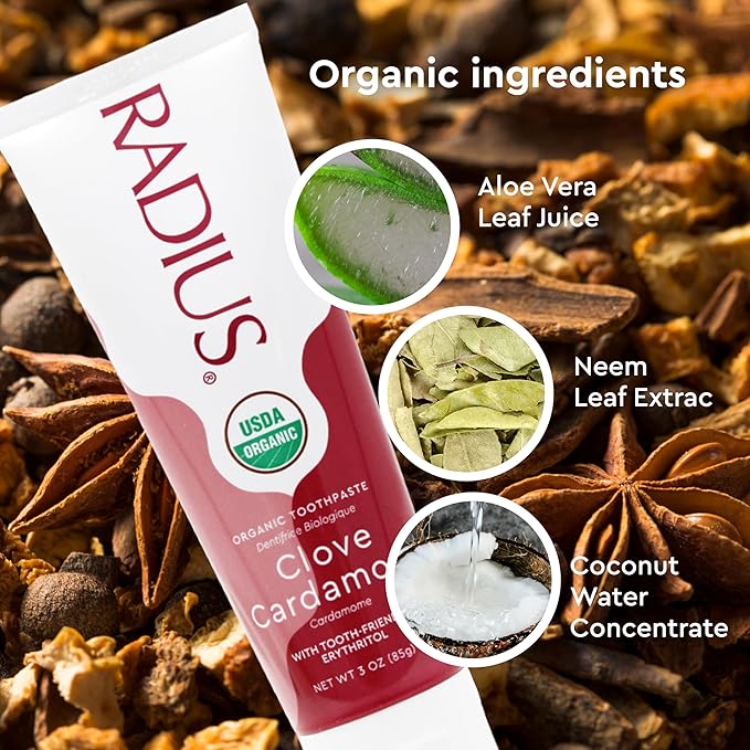 RADIUS USDA Organic Toothpaste 3oz Non Toxic Chemical-Free Gluten-Free Designed to Improve Gum Health & Prevent Cavity - Clove Cardamom - Pack of 6
