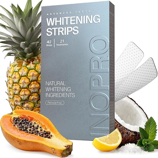 InoPro Natural Teeth Whitening Strips Kit 21 Treatments - Sensitive Teeth Whitener, Peroxide Free with Papain, Bromelain, Coconut Oil, White Strips for Teeth Whitening (42 Strips)