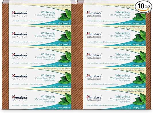 Himalaya Botanique Whitening Complete Care Travel Toothpaste, Mint - Travel Size Whitening Toothpaste Without Fluoride for Brighter Teeth & Fresh Breath - Vegan, 0.74 oz (Pack of 10)