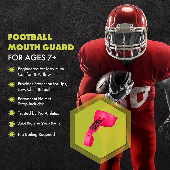 DAMAGE CONTROL Mouthguard with Permanent Helmet Strap, Youth Mouth Guard to Protect Lips & Teeth, No Boiling Pacifier, Breathable Binky Mouthpiece, Football Mouthpiece, Works with Braces (Hot Pink)