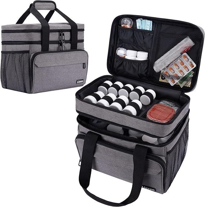 LIZSEN Large Medicine Storage Bag, Double Layer Pill Bottle Organizer Storage Bag with Lockable Zipper, Medication Travel Bag Carrying Case for Men Women