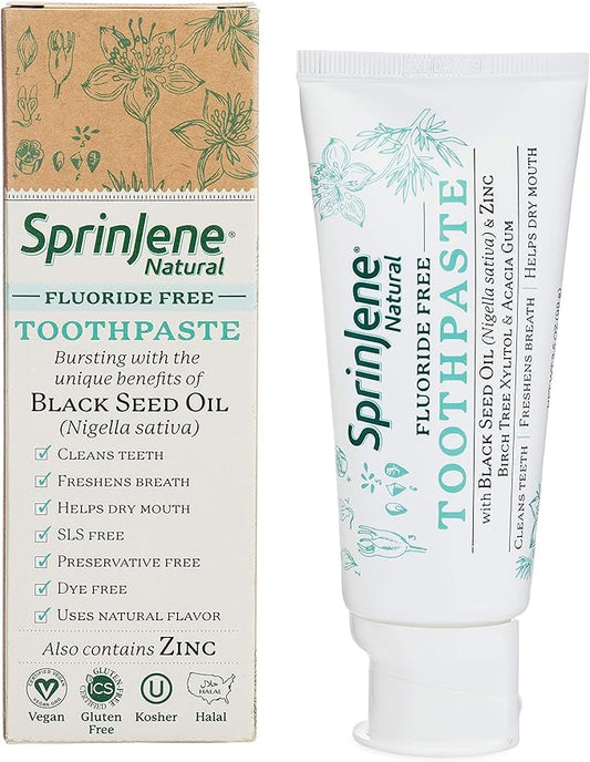 SprinJene Natural Toothpaste – Fluoride Free Clove & Mint Toothpaste for Healthy Gums & Fresh Breath – Gum Care with Patented Black Seed Oil & Zinc – Made in The USA (4 Pack)