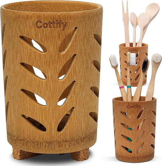 Eco-Friendly Bamboo Toothbrush Holder with Drainage – Quick Drying Single-Piece Design – Toothbrush Holders for Bathrooms – Wooden Toothbrush Holder Resilient in Humid Conditions - Matte Leaves