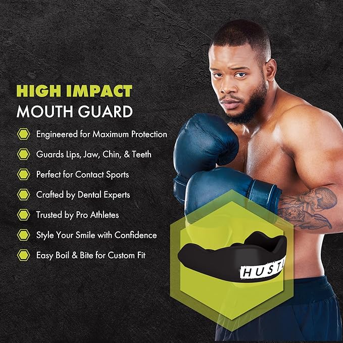 DAMAGE CONTROL High-Impact Mouth Guard – Sports Mouthguard for Boxing, Football, Hockey, Lacrosse & Basketball, Protects Teeth & Jaw, Protective Mouthpiece for Adults & Youth (Adult, Hustle)