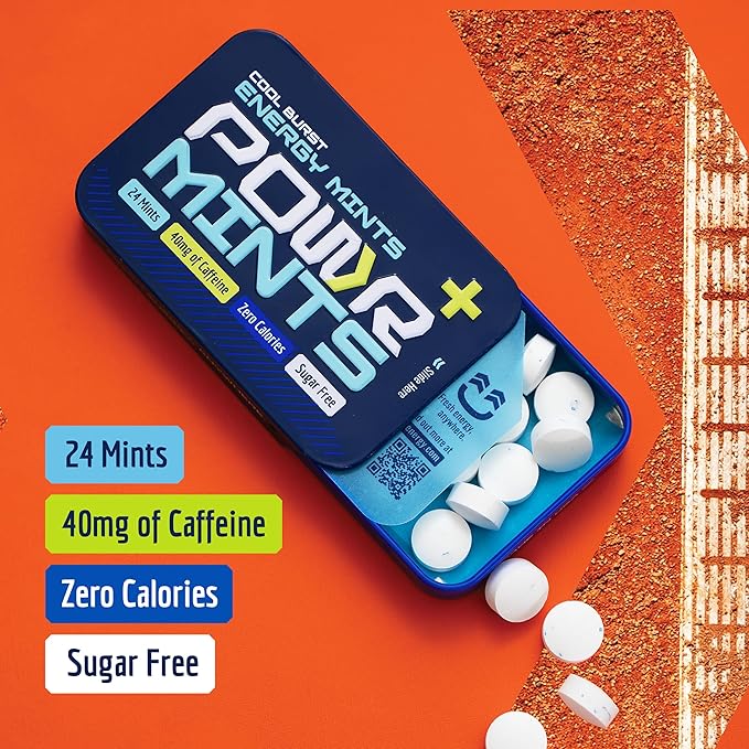POWR Energy Mints - 24 Mints, 40mg of Caffeine Per Mint, Sugar Free, Zero Calories, No Aspartame - Pre-Workout, Cycling, Running, Endurance - Focus & Energy