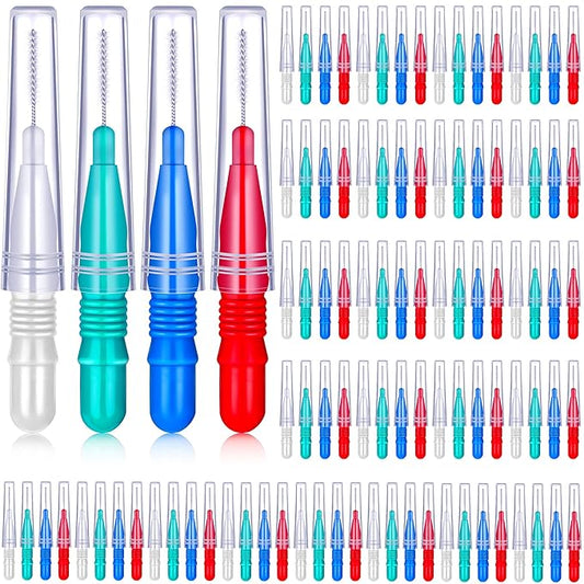 BBTO 100 Pcs Braces Dental Brush Flosser for Cleaner Interdental Brush Toothpick Tooth Flossing Head Oral Dental Toothpick Cleaners Cleaning Tool(Red, Blue, White and Green)