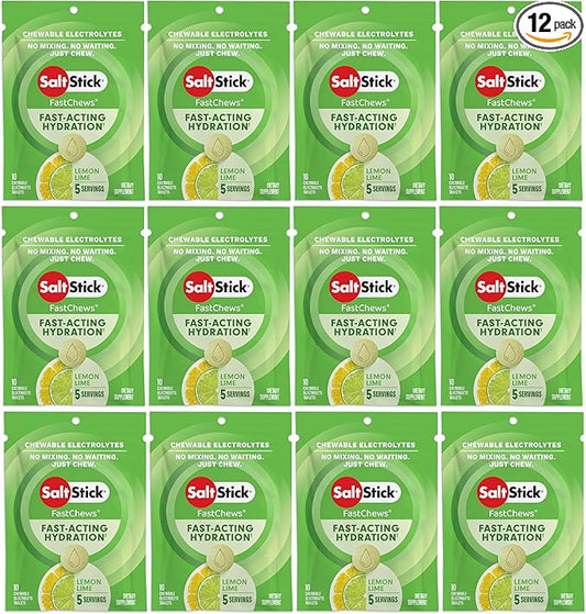 SaltStick Electrolyte FastChews Chewable Tablets, Lemon Lime, 120 count, 12 packets of 10 tablets each