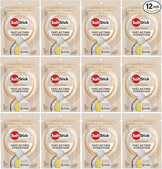 SaltStick Electrolyte FastChews - 120 Count Coconut Pineapple Flavor - Electrolyte Tablets for Hydration, Salt Tabs - 10 Count (Pack of 12)