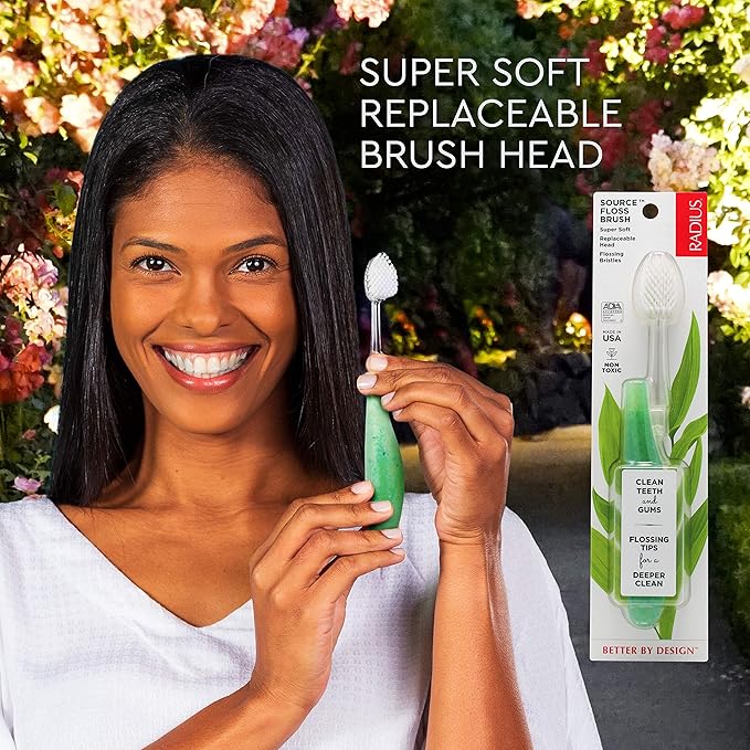 RADIUS Toothbrush Source Floss Brush BPA Free & ADA Accepted Improve Gum Health & Reduce Gum Issues - Super Soft - Assorted Colors - Pack of 6