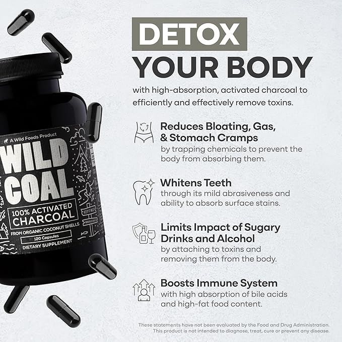 Wild Foods Activated Charcoal Capsules | 100% Organic Coconut Shells Active Tablets | Lab Tested & Non-GMO Detox Pills | USA (Three Bottles - 120 Capsules)