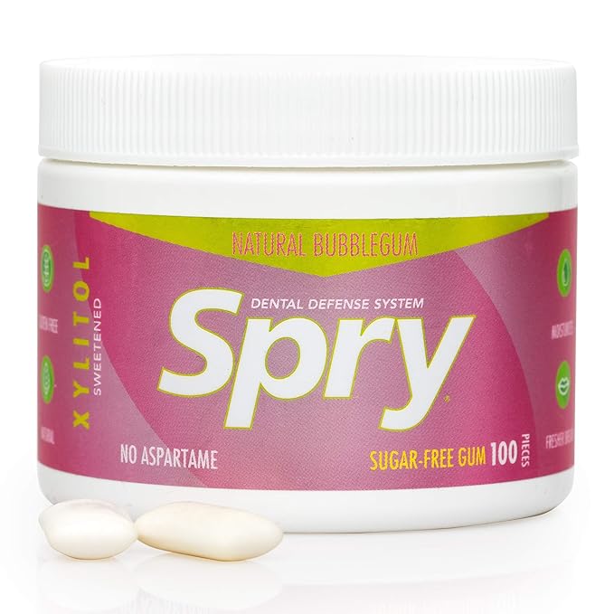 Spry Fresh Natural Xylitol Chewing Gum Dental Defense System - Aspartame-Free, Sugar-Free, Non-GMO, Gluten-Free (Bubble Gum, 100 Count - Pack of 2)
