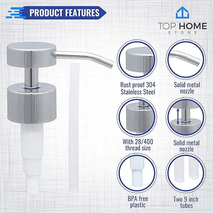 Elegant Flat Top Stainless Steel Soap and Lotion Dispenser Pumps (Chrome, 2 Pack)
