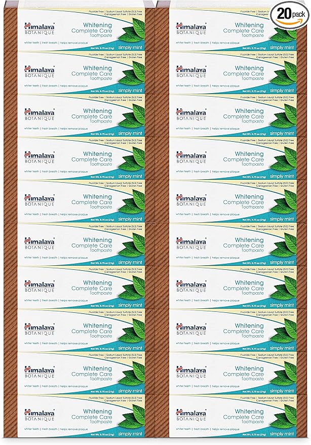 Himalaya Botanique Whitening Complete Care Toothpaste, 20 Pack Travel Size, Teeth Whitening, Fights Plaque, Fluoride Free, No Artificial Flavors, SLS Free, Simply Mint Flavor, TSA Approved, 0.74 Oz