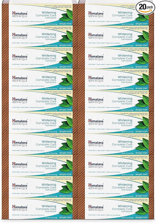 Himalaya Botanique Whitening Complete Care Toothpaste, 20 Pack Travel Size, Teeth Whitening, Fights Plaque, Fluoride Free, No Artificial Flavors, SLS Free, Simply Mint Flavor, TSA Approved, 0.74 Oz