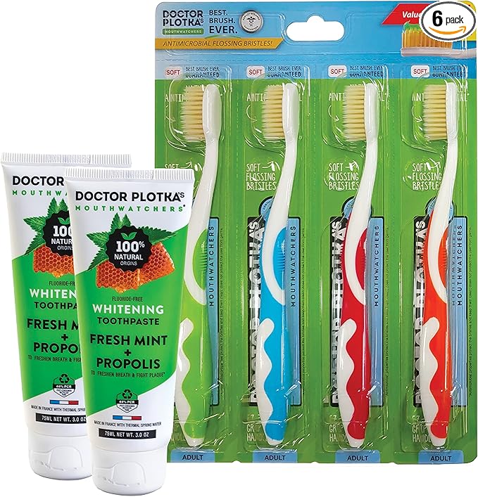 MOUTHWATCHERS Soft Flossing Toothbrush, 4 Pack, Green, Manual Soft Toothbrush for Adults, Ultra Clean, Good for Sensitive Teeth and Gums, by Dr. Plotka's