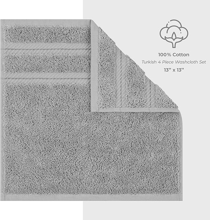 American Soft Linen Luxury Washcloths for Bathroom, 600 GSM 100% Cotton 4 Piece Turkish Wash Cloth Set, 13x13 in Soft Rags for Body and Face, Light Grey Washcloths