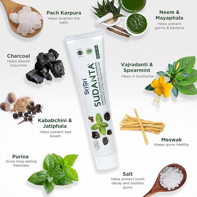 Sri Sri Tattva Sudanta Charcoal Toothpaste Gel – SLS, Fluoride Free Herbal Toothpaste with Neem & Ayurvedic Herbs – Natural Teeth Whitening, Fresh Breath, Oral & Gum Health – 100g Tube (Pack of 3)